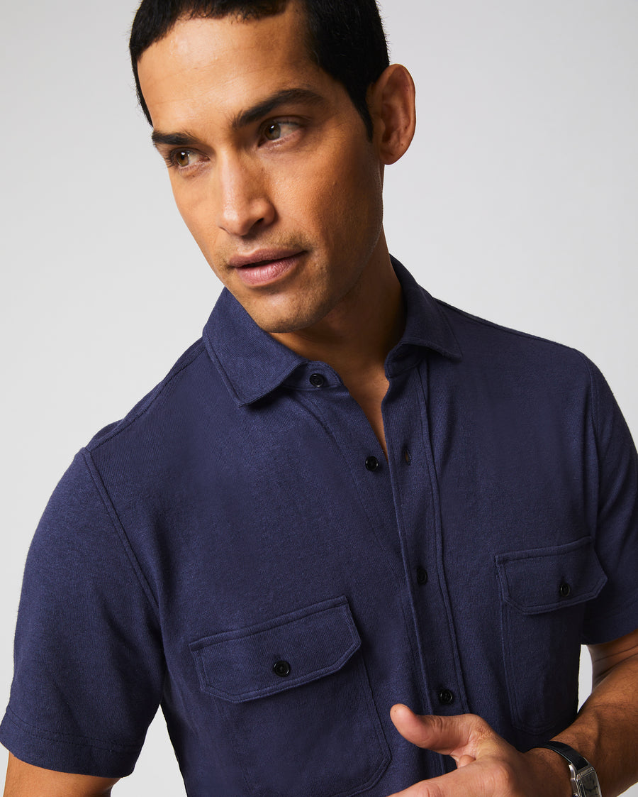 Short Sleeve Hemp Cotton Knit Shirt in Navy