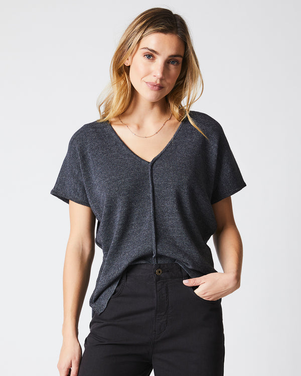 Short Sleeve Bound V Neck Sweater in Black