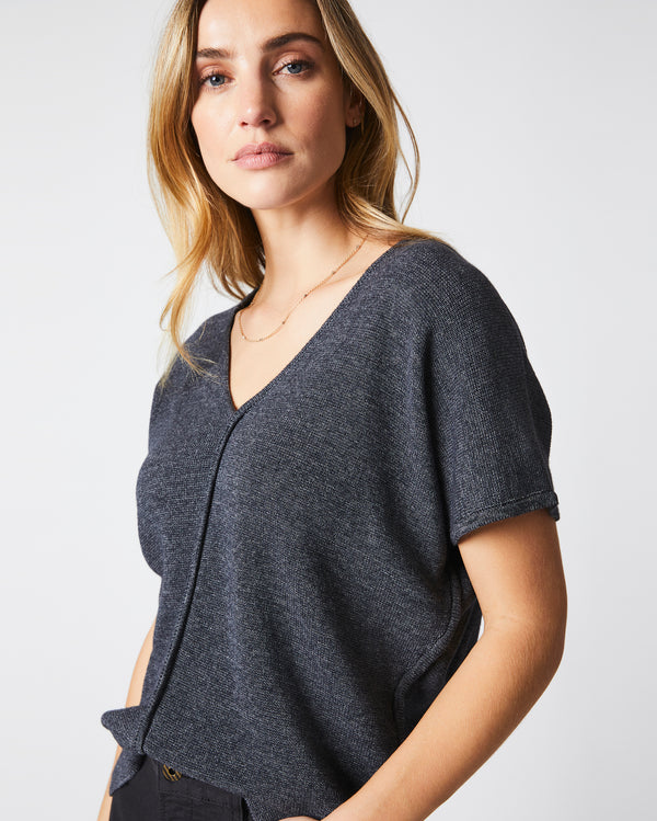 Short Sleeve Bound V Neck Sweater in Black