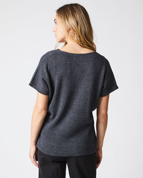 Short Sleeve Bound V Neck Sweater in Black