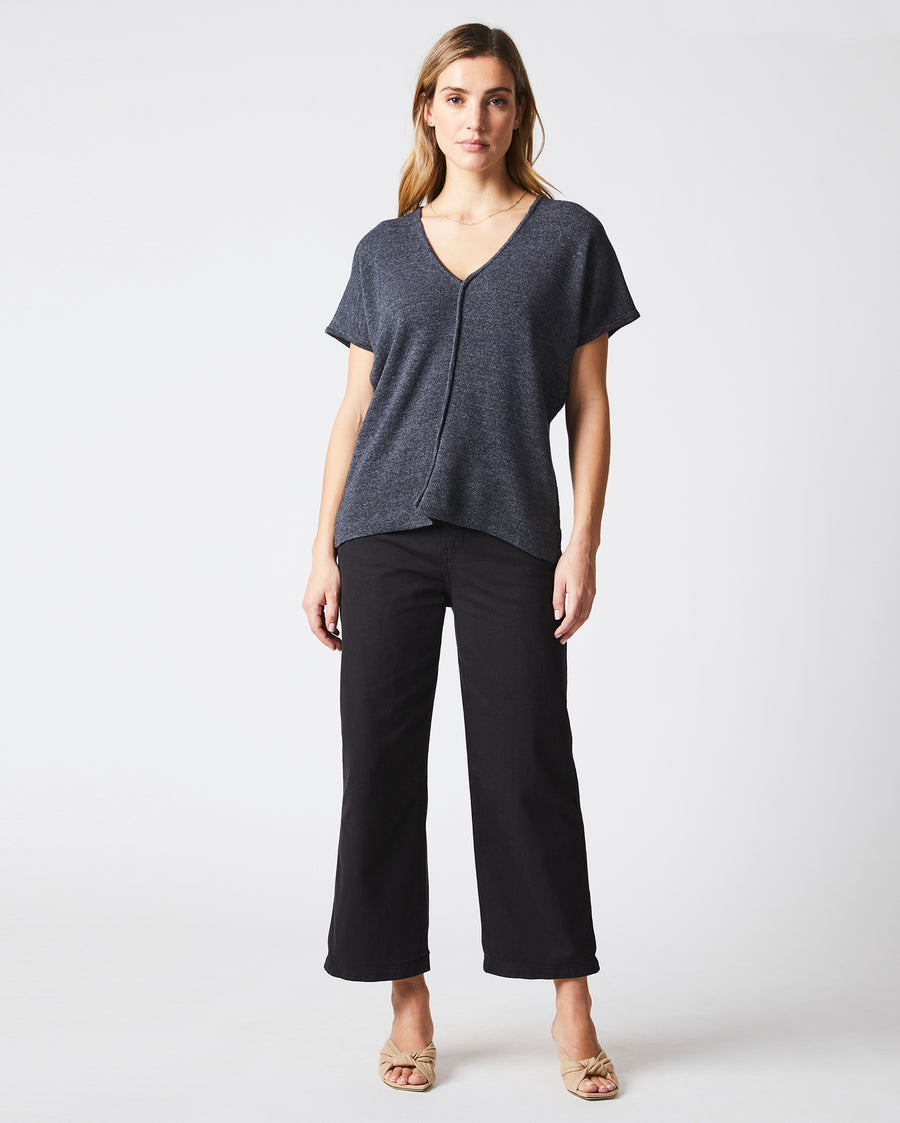 Short Sleeve Bound V Neck Sweater in Black