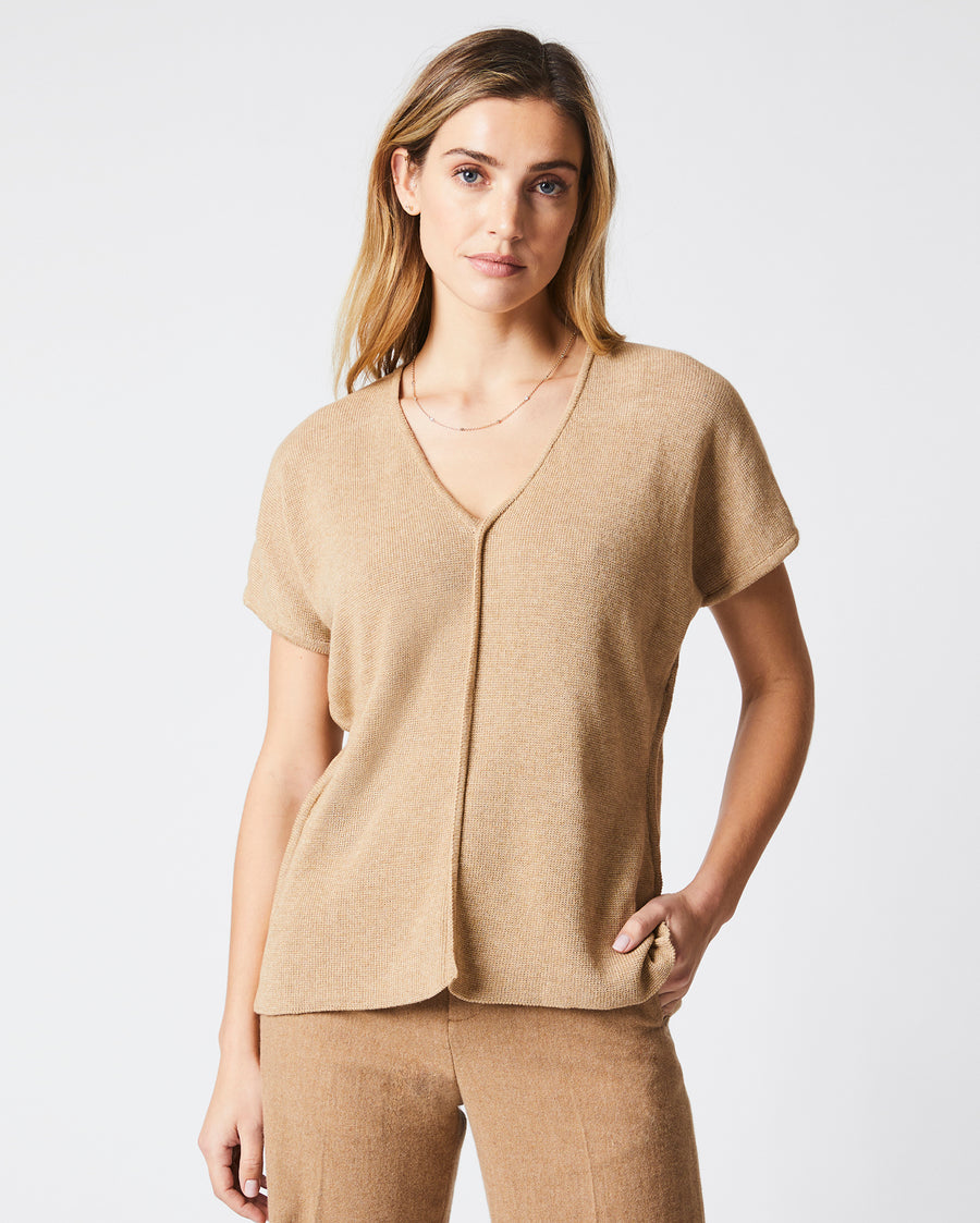 Short Sleeve Bound V Neck Sweater in Camel
