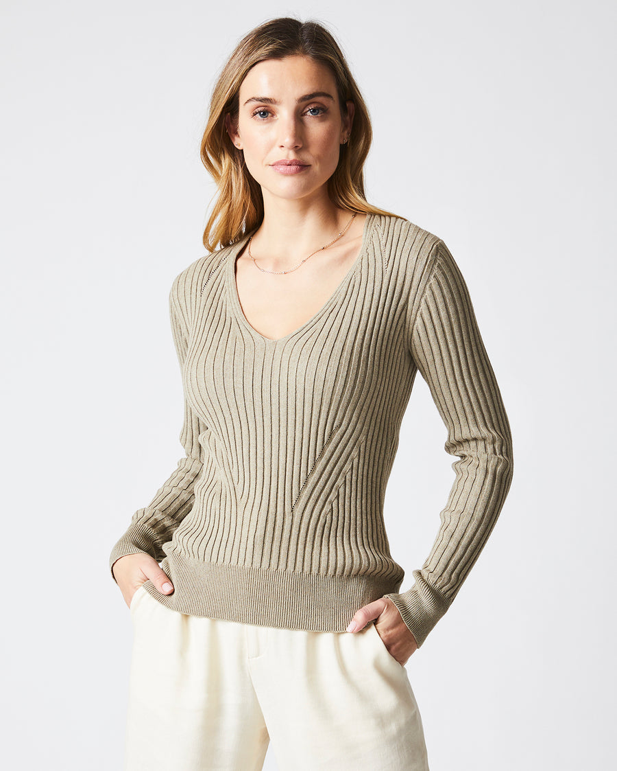V Neck Tennis Sweater in Oyster