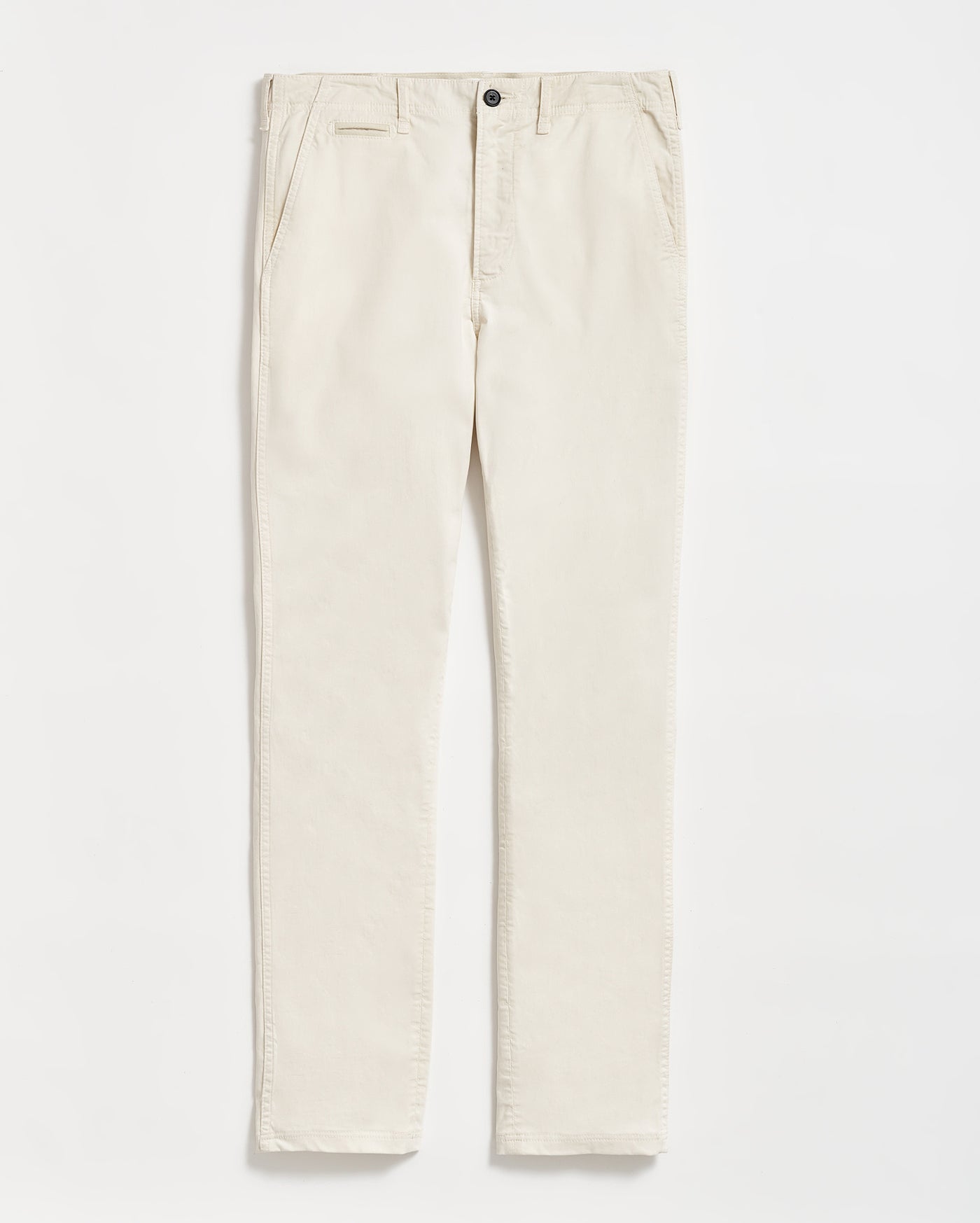 A pair of beige, straight-leg pants with side pockets and a button closure, laid flat on a white background.
