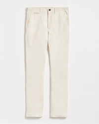 A pair of beige, straight-leg pants with side pockets and a button closure, laid flat on a white background.