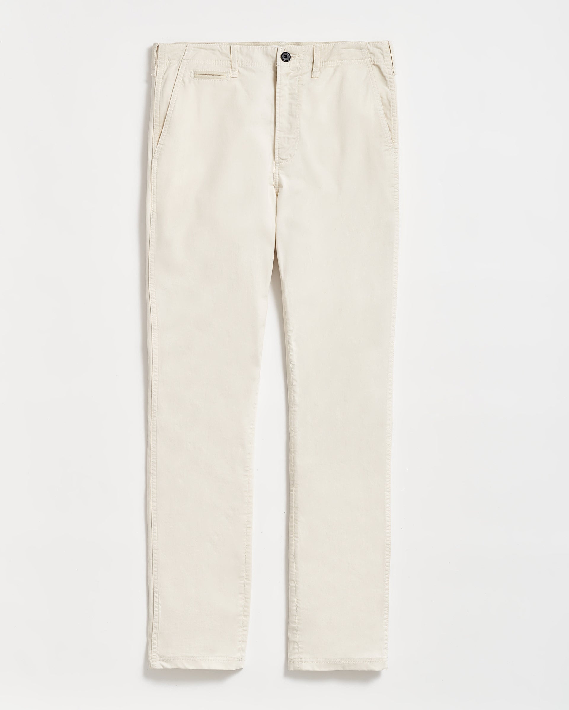 A pair of beige, straight-leg pants with side pockets and a button closure, laid flat on a white background.