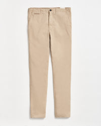 A pair of beige slim-fit chino pants with a button and zip closure, shown laid flat on a white background.
