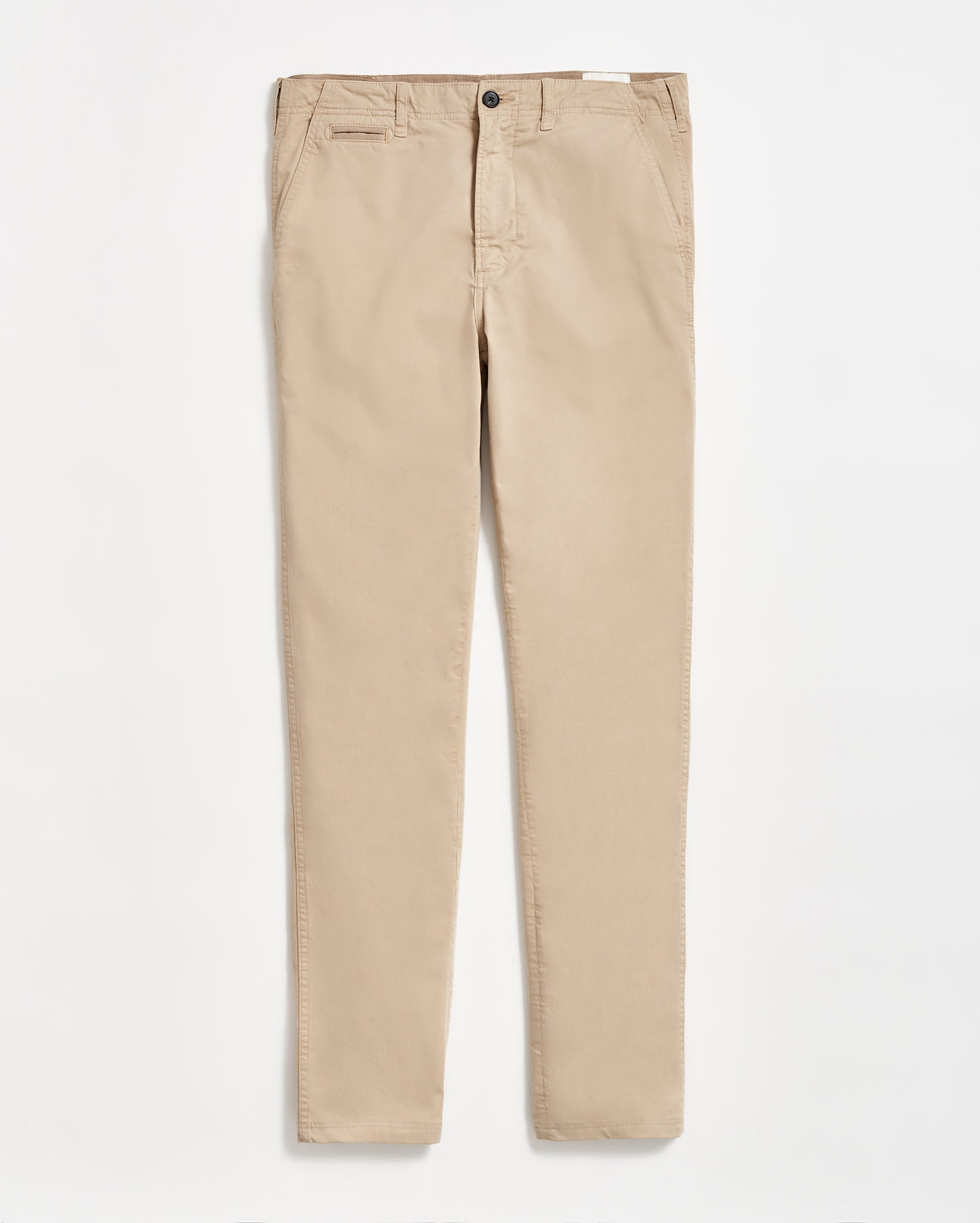 A pair of beige slim-fit chino pants with a button and zip closure, shown laid flat on a white background.